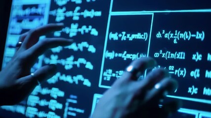Hands interacting with a digital screen displaying complex mathematical equations in a tech environment - Powered by Adobe