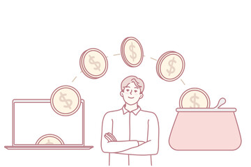 Man looking at golden coins flying from laptop to wallet. Concept of online income and banking. Easy internet bank account. E-commerce and finances. Vector illustration.