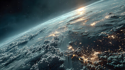 A futuristic satellite collecting climate data from Earth with glowing interface overlays.
