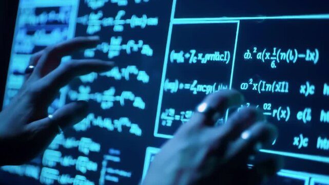 Hands interacting with a digital screen displaying complex mathematical equations in a tech environment - Powered by Adobe