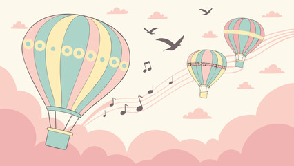 Whimsical Hot Air Balloons Floating Through Musical Skies.

