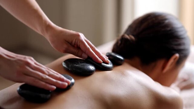Massage therapist&rsquo;s hands placing black stones on a woman&rsquo;s back during a relaxing hot stone massage at a spa salon, creating a soothing and rejuvenating experience.