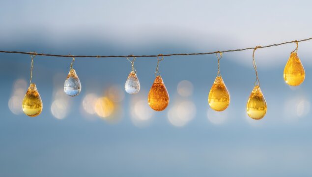 Amber teardrops strung on a wire, soft light