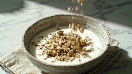 granola falling into yogurt bowl healthy breakfast - Powered by Adobe