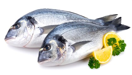 Two fresh, whole fish arranged with lemon and parsley against a white background