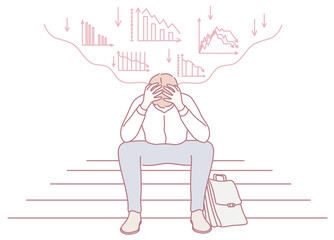 An illustration depicting a frustrated employee who is grappling with financial stress and the decline of the market