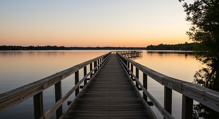 Obraz premium Serene Sunset over Wooden Pier and Calm Lake Waters A Tranquil Nature Scene