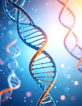 Double helix DNA strands, vibrant blue and orange, float against a bokeh background