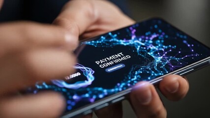 Seamless Mobile Payment Confirmation: Secure Transaction on Smartphone Interface with futuristic design and abstract digital elements - Powered by Adobe