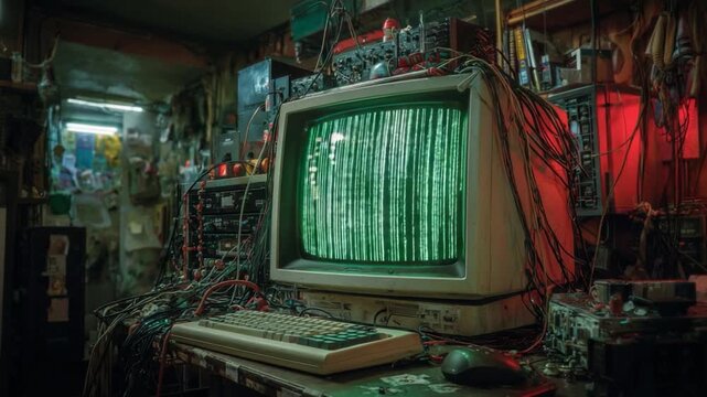 Vintage Computer and Wiring Mess: A chaotic scene of a vintage computer monitor surrounded by a tangle of wires, cables, and technological paraphernalia.