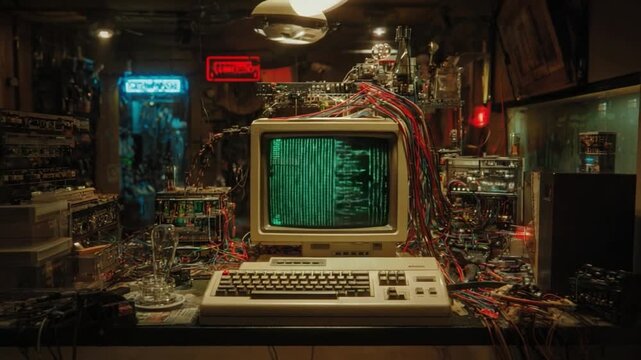 Vintage Computer Lab: A retro computer setup with a classic monitor, keyboard, and a tangle of wires creates a nostalgic tech haven