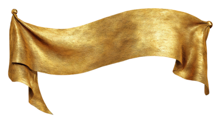 Glossy gold ribbon banner label with realistic satin folds, isolated on transparent background — high-resolution PNG cutout for badges, sale tags, gift wrap, promo stickers, and web design