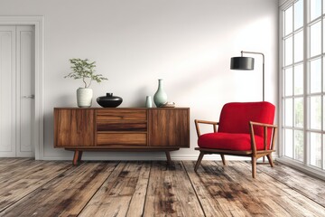 Modern, minimalist living room with wooden sideboard and red armchair