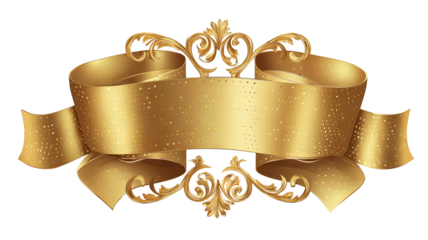 Glossy gold ribbon banner label with realistic satin folds, isolated on transparent background — high-resolution PNG cutout for badges, sale tags, gift wrap, promo stickers, and web design