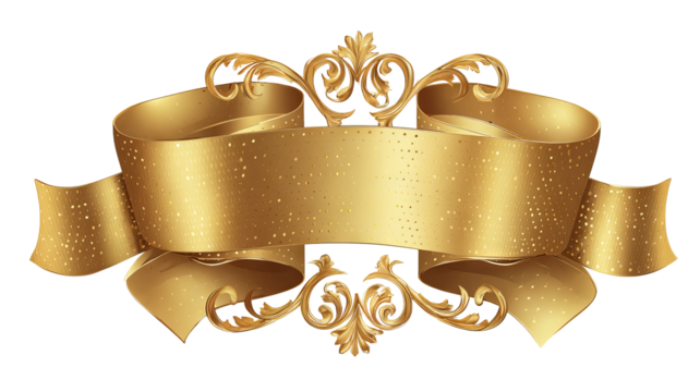 Glossy gold ribbon banner label with realistic satin folds, isolated on transparent background — high-resolution PNG cutout for badges, sale tags, gift wrap, promo stickers, and web design