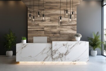 Modern reception desk with wood wall and marble top