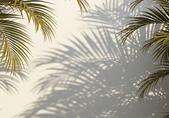 Tropical palm leaves cast intricate shadows on a pristine wall, creating a serene and sun-kissed abstract background perfect for summer designs and natural aesthetics.