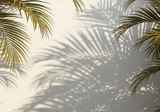 Tropical palm leaves cast intricate shadows on a pristine wall, creating a serene and sun-kissed abstract background perfect for summer designs and natural aesthetics.