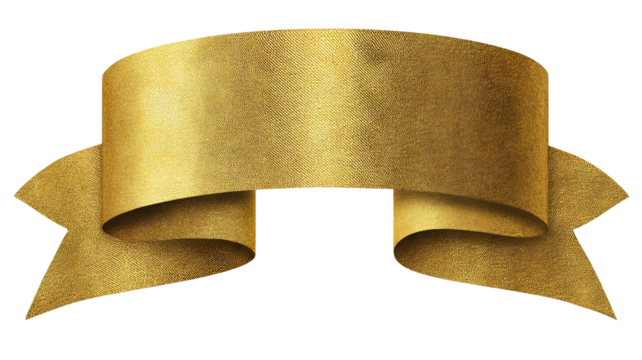 Glossy gold ribbon banner label with realistic satin folds, isolated on transparent background — high-resolution PNG cutout for badges, sale tags, gift wrap, promo stickers, and web design