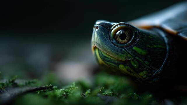 Macro shot reveals intricate details of turtle face amidst lush moss in serene environment