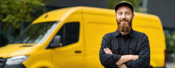The confident delivery man standing proudly in front of a yellow van.
