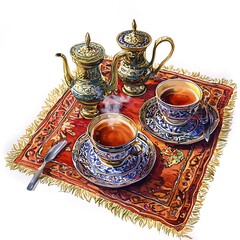 Elegant Traditional Tea Set with Ornate Decorations on a Warm Rug.