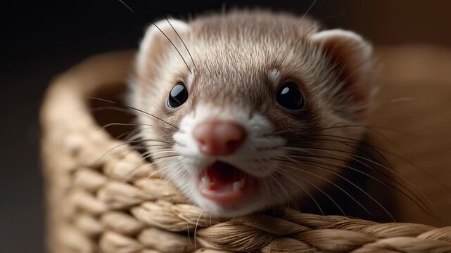 Playful ferret showing curiosity while peeking from woven basket in warm indoor setting