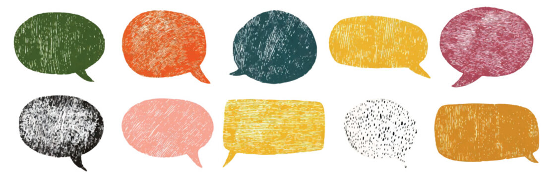 Set of vector dialogue bubbles drawn with pencil. Colored frames for dialogues and text messages. Speech bubbles drawn with pencil or chalk. Frame for communication with pencil.