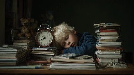 Sleepy Study Break: A young child, amidst stacks of books and a classic alarm clock, slumbers peacefully on a desk, enveloped in the soft glow of the room. - Powered by Adobe