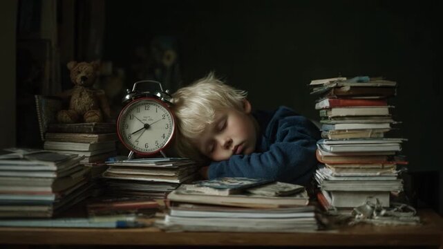 Sleepy Study Break: A young child, amidst stacks of books and a classic alarm clock, slumbers peacefully on a desk, enveloped in the soft glow of the room.