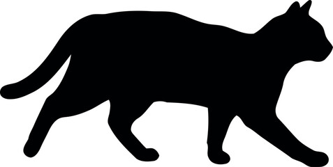 Solid black cat silhouette in a walking pose, a simple vector illustration of a domestic feline striding forward, isolated on white background.
