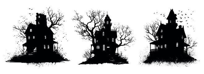 Fototapeta premium Set of black silhouettes of spooky houses. Spooky houses with trees for Halloween. Haunted house. Silhouettes for Halloween designs. Vector illustration.