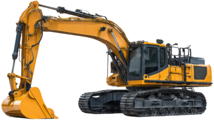 Heavy yellow digger excavator isolated on transparent background — high-resolution realistic PNG cutout with clean edges for construction and earthmoving visuals, industrial machinery mockups