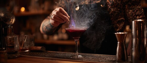 The bartender skillfully prepares a smoky cocktail with flair and artistry.