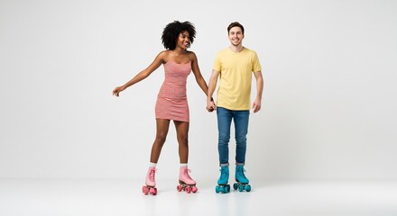 Obraz premium 幸せなカップル ローラースケート 笑顔で手をつなぐ 明るいスタジオ撮影. AI Generated