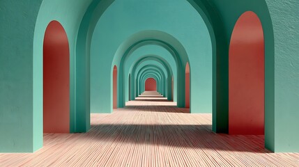 Endless teal arches and coral alcoves with sunlight shadows