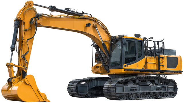 Heavy yellow digger excavator isolated on transparent background &mdash; high-resolution realistic PNG cutout with clean edges for construction and earthmoving visuals, industrial machinery mockups