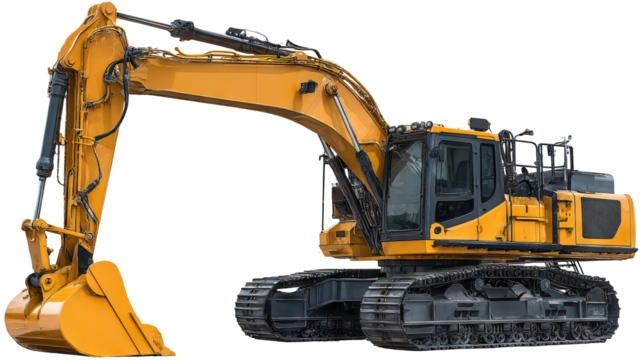 Heavy yellow digger excavator isolated on transparent background — high-resolution realistic PNG cutout with clean edges for construction and earthmoving visuals, industrial machinery mockups