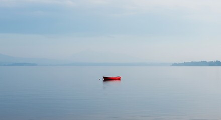 Obraz premium Serene Red Boat Floating on Calm Water Under Cloudy Sky