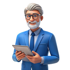 Smiling older man with graying hair and beard in blue suit holding tablet isolated on a transparent background