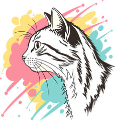 Artistic drawing of a cat's head shown in profile, with colorful paint splatters in the background. The line art is black and white, and the colors are pastel.

