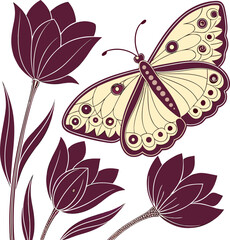 Illustration depicting a butterfly with gold wings, surrounded by three dark purple tulip flowers. The vector graphic has a stylized and decorative appearance.

