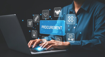 Person using laptop with procurement text and icons overlayed on a dark background in studio shot