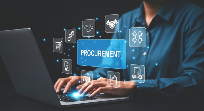 Person using laptop with procurement text and icons overlayed on a dark background in studio shot