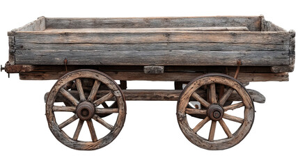 Obraz premium Old wooden handcart isolated on transparent background — high-resolution PNG cutout of rustic vintage farm cart with weathered wood texture, clean edges, antique rural transport prop for mockups