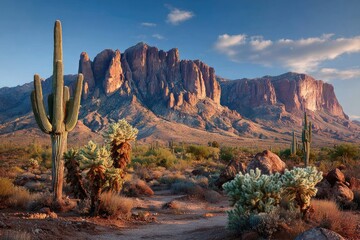 Desert Landscape with Cactus and Mountain