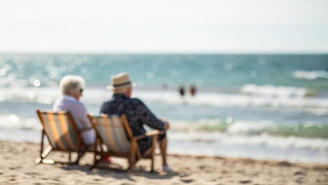 Elderly couple relaxing on chairs at the beach — sharing quiet moments with ocean view
