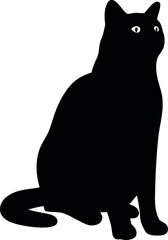 Sitting black cat vector art, digital illustration of a sleek black feline silhouette looking to the side with big white eyes, a minimal and graphic design.