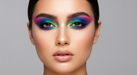 Fototapeta premium Woman with vibrant rainbow eyeshadow and bold eyebrows
