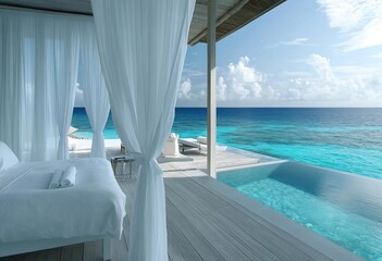 Fototapeta premium Luxury Oceanfront Villa Bedroom Infinity Pool Tropical Paradise
